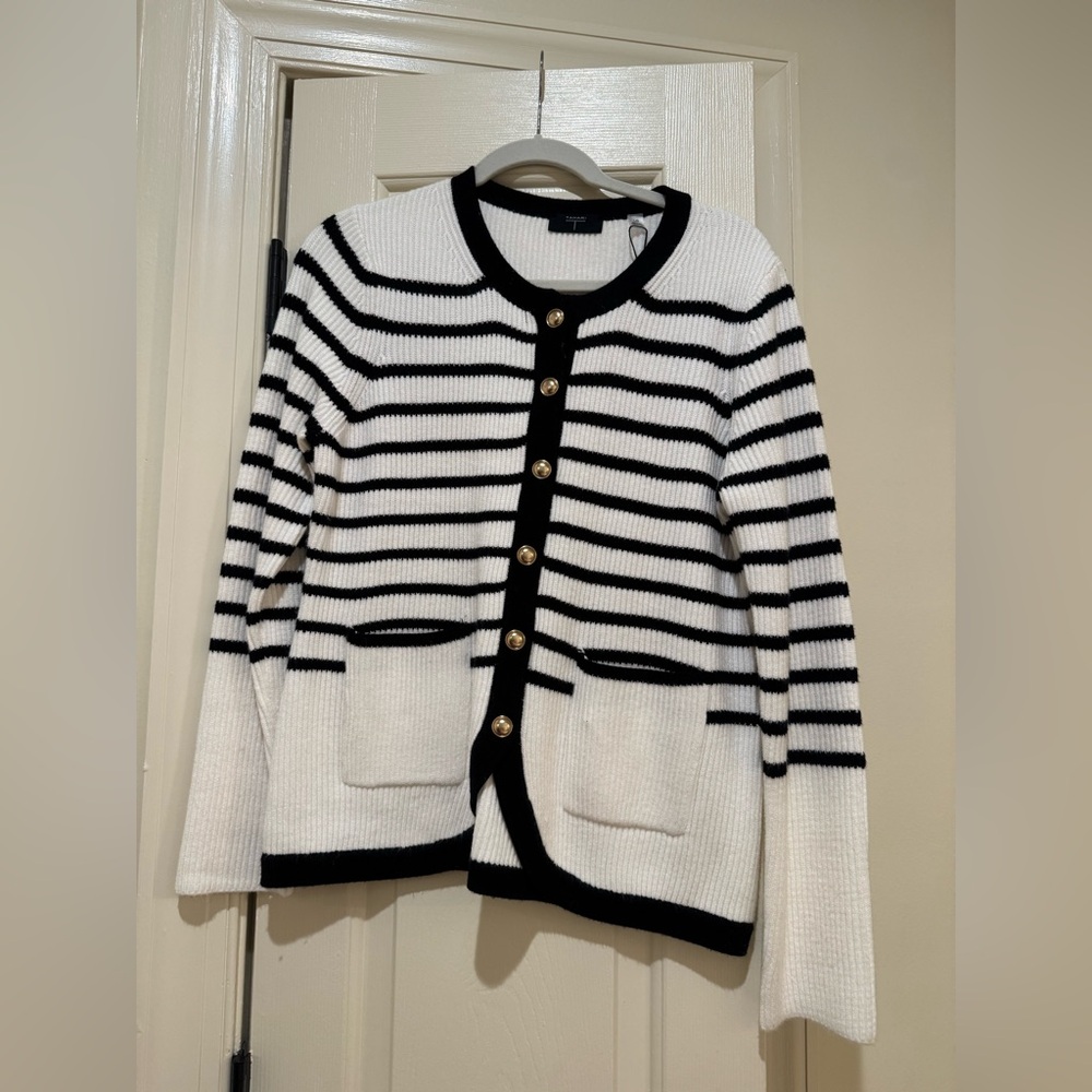 Tahiti Striped Crewneck Button Cardigan Sweater - Black & White